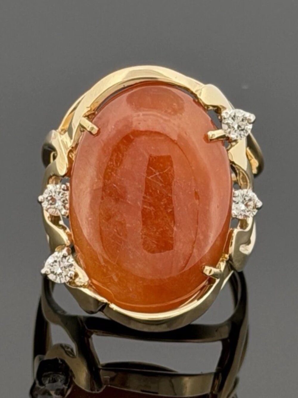 14K Yellow Gold Freeform Large Natural Orange Jadeite Cabochon & Diamond Ring